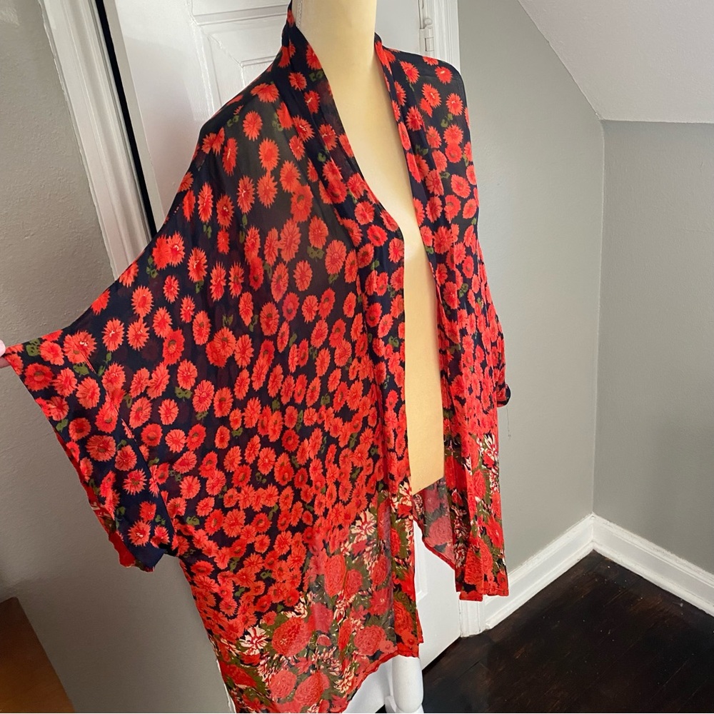 ASOS Red and Black Floral Kimono Shawl, Poppy Flower Pattern Swim Coverup Sarong